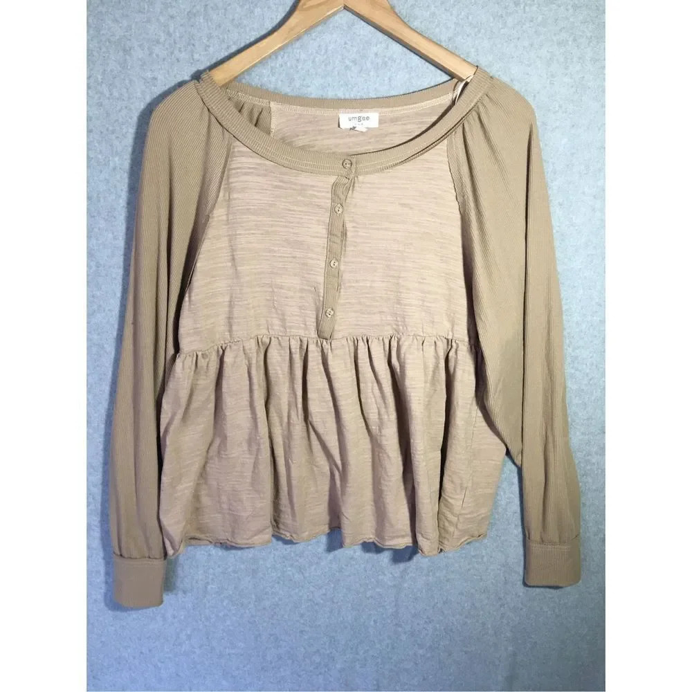 Womens Umgee Blouse Peplum Button Front Flattering Tan Neutral Closet Staple